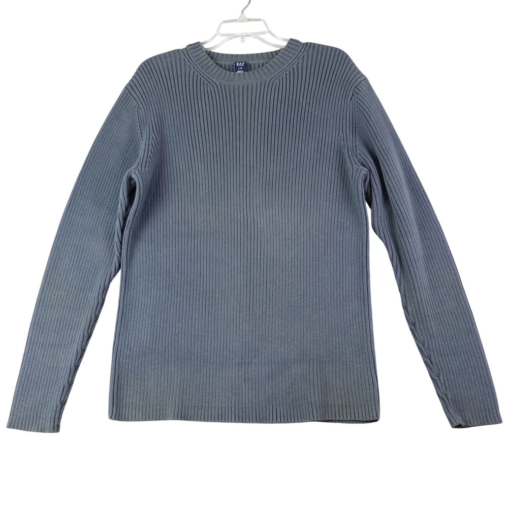 Gap Large Gray Ribbed Crewneck Sweater Cable Sleeve Heavy Knit Pullover Vintage